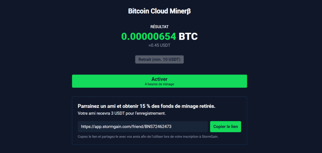 1 – Miner le crypto avec StormGain