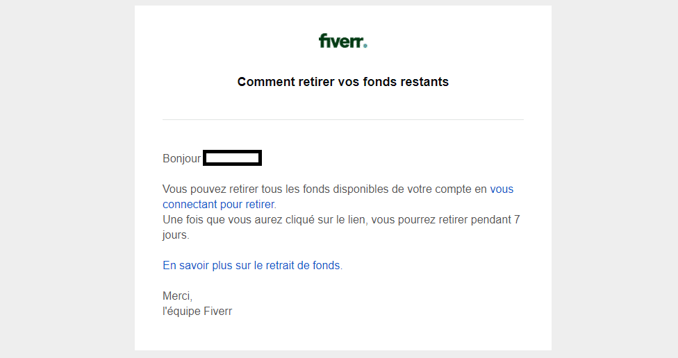 Mail pour retirer les fonds sur votre compte Fiverr Banni 